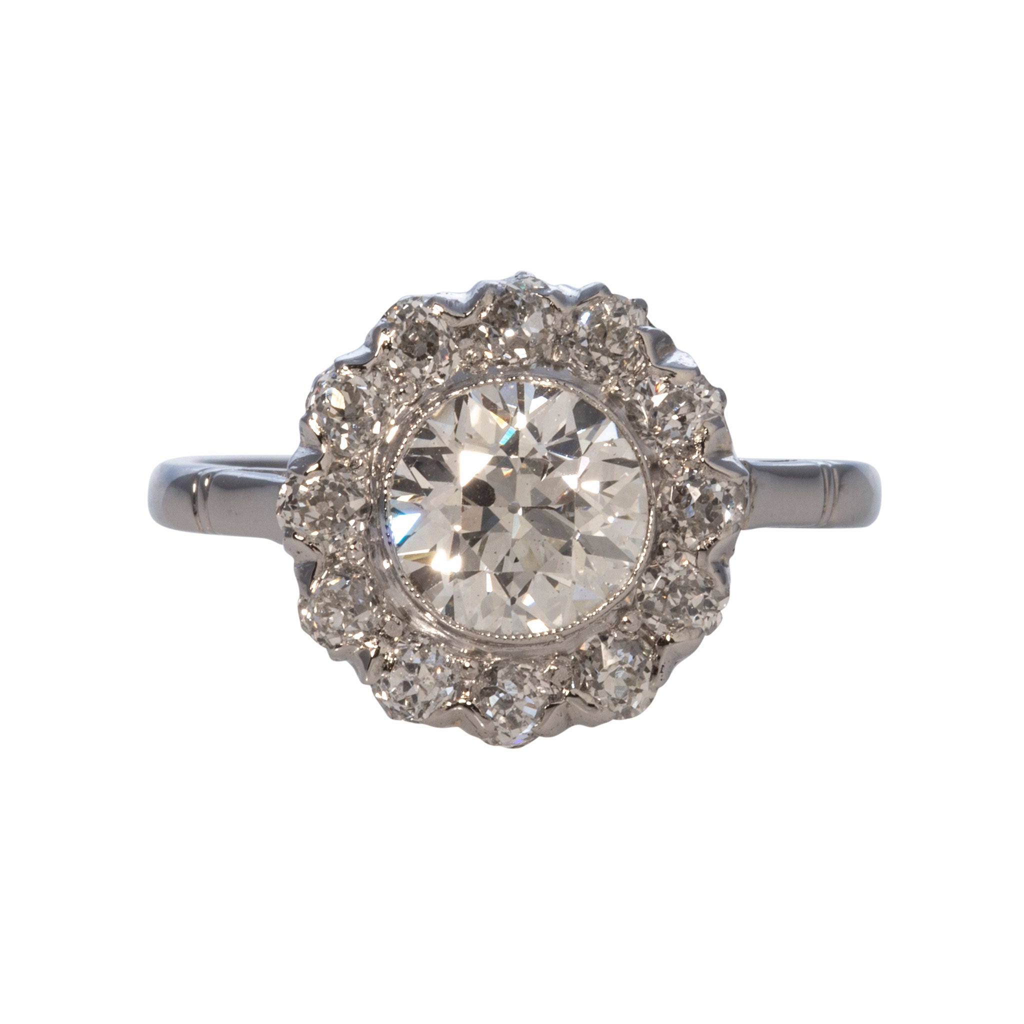 Edwardian 1.77ctw Old Transitional Cut Diamond Cluster Platinum Ring