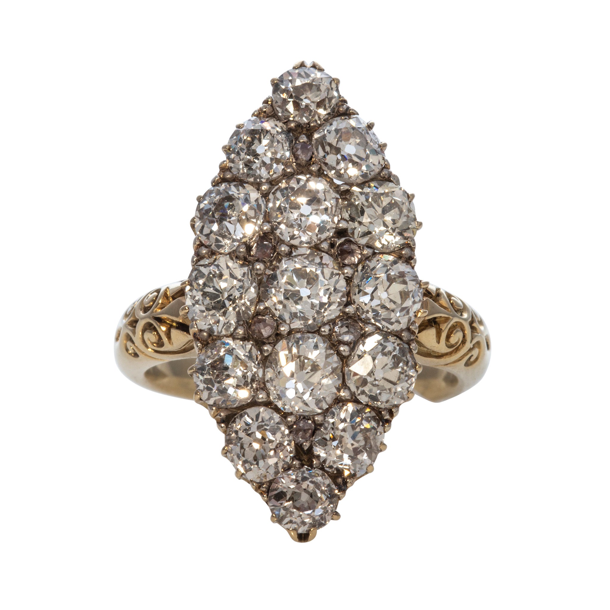 Victorian 4ctw Diamond Navette Cluster 18K Yellow Gold Ring