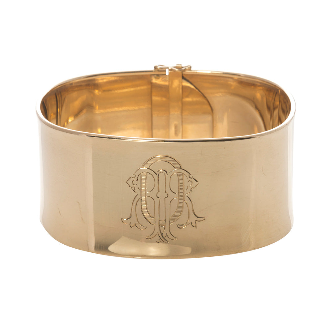 Extra Wide 14K Gold Cuff Bangle Hand Engraved Cypher Monogram