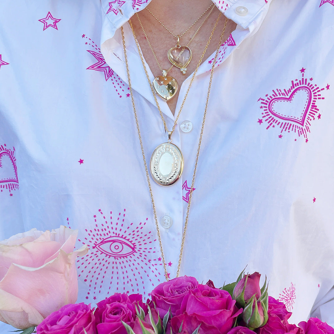 14K Gold Filled Floral Signet 30x38mm Oval Locket Necklace